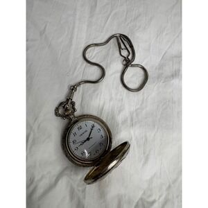 Churchill Silver Tone Pocket Watch with Chain Hunting Scene
